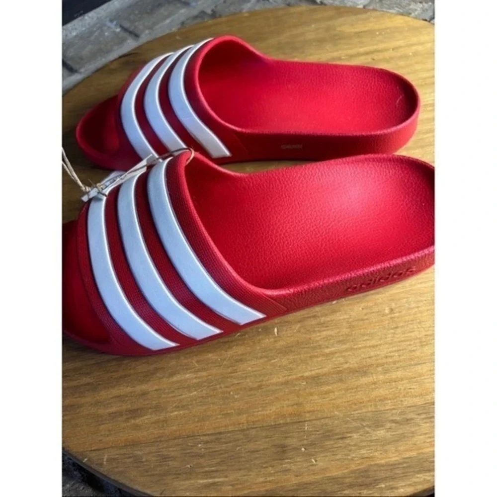 Adidas Youth SZ‎ 5 Adilette Shower Slides Vivid Red White Cloudfoam Slip On NEW